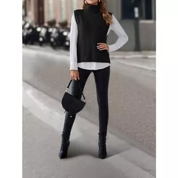 Женский осенне-зимний пуловер с высоким воротом и безрукавкой S чёрный