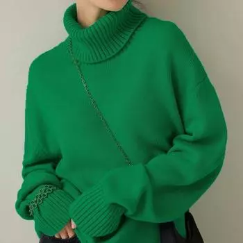 Женский осенне-зимний пуловер, трикотаж, свободный женский свитер с высоким воротом, повседневный женский топ хаки