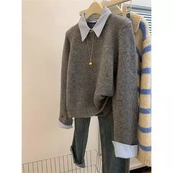 Женский осенне-зимний пуловер, вязаный свитер с длинным рукавом one size fits all серый