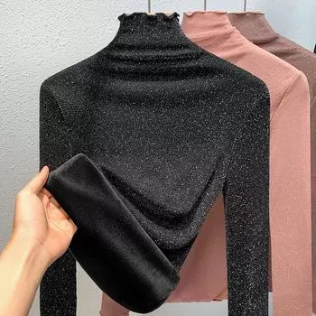 Женский осенне-зимний яркий шелковый сетчатый нижние части из пряжи темперамент с высоким воротником, утепленные внутренние деревянные ушки S чёрный