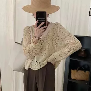 Женский осенне-зимний ретро-свитер с ажурной вязкой one size fits all белый