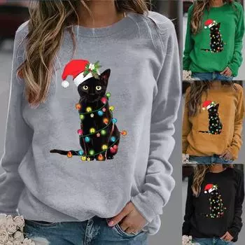 Женский осенне-зимний рождественский свитер, рождественская шляпа, милый кот с принтом, круглый вырез, повседневные толстовки с длинными рукавами, пуловеры, топы S синий