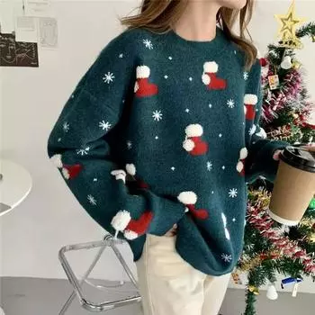Женский осенне-зимний рождественский вязаный свитер с круглым вырезом и свободным темпераментом в стиле пригородного свитера one size красный