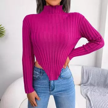 Женский осенне-зимний сексуальный асимметричный вязаный свитер с длинным рукавом и высоким воротником S фиолетовый