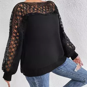 Женский осенне-зимний сексуальный ажурный кружевной пуловер с длинными рукавами и кружевным сращиванием S чёрный