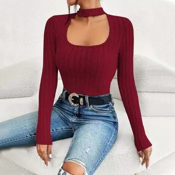 Женский осенне-зимний сексуальный облегающий топ с вырезом и длинными рукавами в стиле темперамент для поездок на работу S вино красного