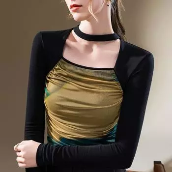 Женский осенне-зимний сексуальный сетчатый топ с висячим вырезом и темперой S чёрный