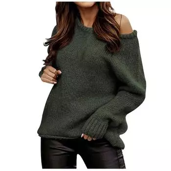 Женский осенне-зимний сексуальный свитер с открытыми плечами и круглым вырезом, трикотажный однотонный повседневный свободный большой свитер L армия зеленый