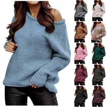 Женский осенне-зимний сексуальный свитер с открытыми плечами и круглым вырезом, трикотажный однотонный повседневный свободный большой свитер L армия зеленый