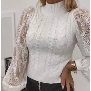 Женский осенне-зимний сексуальный вязаный свитер с коротким рукавом и высоким воротом, кружевной фонарь с рукавами M белый