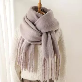 Женский осенне-зимний шарф, эластичный утолщенный однотонный декор с кисточками, теплая, мягкая, уютная, широкая и длинная защита шеи, шаль унисекс бежевый