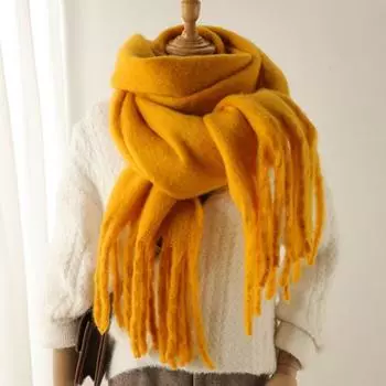 Женский осенне-зимний шарф, эластичный утолщенный однотонный декор с кисточками, теплая, мягкая, уютная, широкая и длинная защита шеи, шаль унисекс бежевый