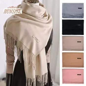 Женский осенне-зимний шарф, утолщенный искусственный кашемир с кисточками, однотонный, мягкий, широкий, длинный, уютный, ветрозащитный, холодостойкий, декоративный, женский утолщенный шарф A чёрный