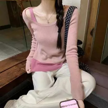 Женский осенне-зимний свитер без бретелек, вязаный асимметричный свитер one size fits all розовый