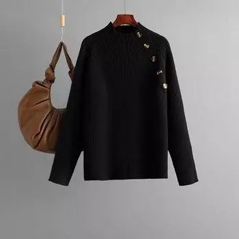 Женский осенне-зимний свитер большого размера с полувысоким воротником, однотонный вязаный топ-свитер One Size чёрный