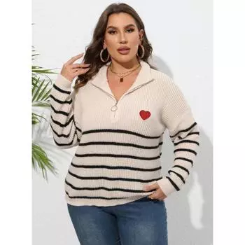 Женский осенне-зимний свитер большого размера в полоску в стиле пэчворк с полувысоким воротом на молнии S чёрный