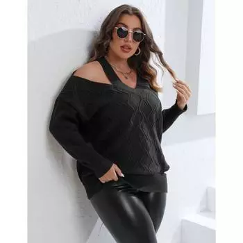 Женский осенне-зимний свитер большого размера без бретелек из ткани с V-образным вырезом XL чёрный