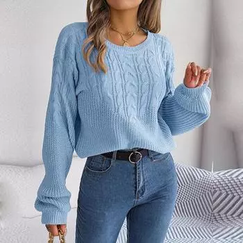 Женский осенне-зимний свитер для отдыха с жареным тестом и рукавами-фонариками S синий