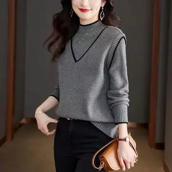 Женский осенне-зимний свитер из двух частей, полуводолазка, свитер-пуловер, новая модная универсальная рубашка в стиле пэчворк S