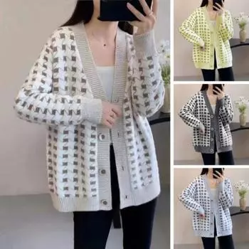 Женский осенне-зимний свитер, кардиган, вязаный толстый однобортный клетчатый принт, соответствующий цвету с V-образным вырезом и длинным рукавом, морозостойкий, мягкий, свободный, женский S розовый