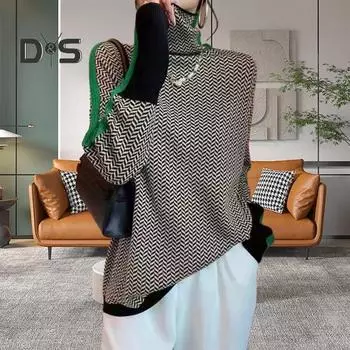 Женский осенне-зимний свитер контрастного цвета с высоким воротником и длинными рукавами, вязаные топы, толстые теплые пуловеры, топы S оранжевый