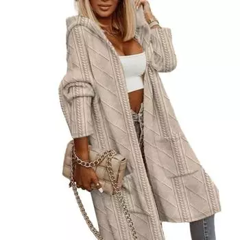 Женский осенне-зимний свитер, пальто с аппликацией с капюшоном, однотонный, толстый трикотаж, свободный, средней длины, с карманами, кардиган, с открытой строчкой, женский свитер, куртка S хаки