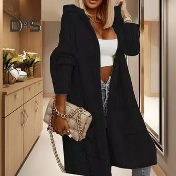 Женский осенне-зимний свитер, пальто с аппликацией с капюшоном, однотонный, толстый трикотаж, свободный, средней длины, с карманами, кардиган, с открытой строчкой, женский свитер, куртка S хаки