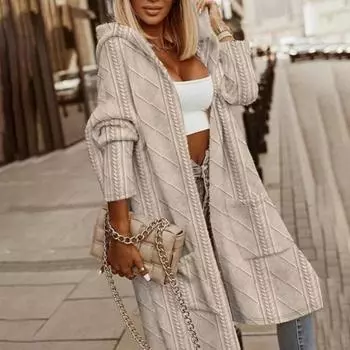 Женский осенне-зимний свитер, пальто с аппликацией с капюшоном, однотонный, толстый трикотаж, свободный, средней длины, с карманами, кардиган, с открытой строчкой, женский свитер, куртка S хаки