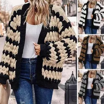 Женский осенне-зимний свитер, пальто соответствующего цвета, вязаный толстый мягкий теплый рукав-фонарик, свободный кардиган с открытой строчкой, эластичная женская куртка с длинными рукавами L абрикосовый