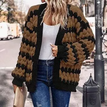 Женский осенне-зимний свитер, пальто соответствующего цвета, вязаный толстый мягкий теплый рукав-фонарик, свободный кардиган с открытой строчкой, эластичная женская куртка с длинными рукавами S коричневый