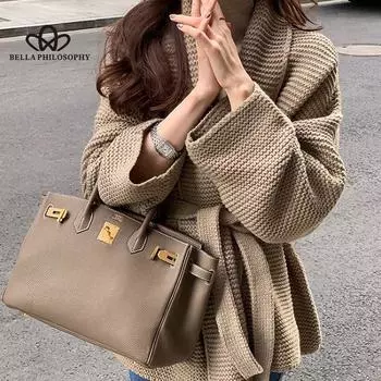 Женский осенне-зимний свитер, пальто, свободный модный длинный вязаный кардиган с v-образным вырезом, толстое пальто с длинными рукавами one size хаки