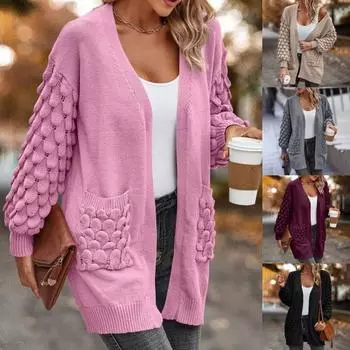 Женский осенне-зимний свитер, пальто, вязаный кардиган, свободные карманы, длинный рукав, средней длины, однотонная эластичная женская куртка с аппликацией