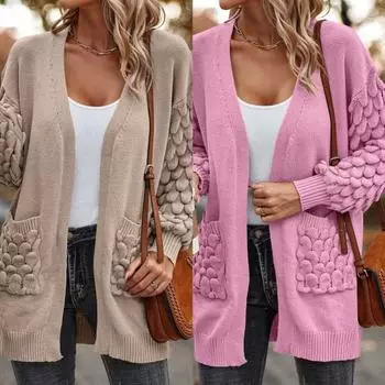 Женский осенне-зимний свитер, пальто, вязаный кардиган, свободные карманы, длинный рукав, средней длины, однотонная эластичная женская куртка с аппликацией