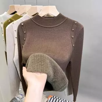 Женский осенне-зимний свитер плюс бархатная полуводолазка нижняя рубашка Единый утолщенный бархатный свитшот новый вязаный свитер верх One Size