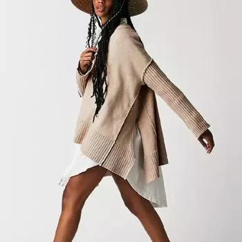 Женский осенне-зимний свитер-пуловер с V-образным вырезом в стиле пэчворк S чёрный