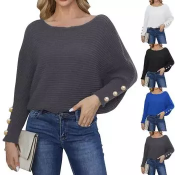 Женский осенне-зимний свитер-пуловер, тканый свитер, женский рукав Batball с перламутровыми пуговицами, свободный свитер с одним вырезом L чёрный