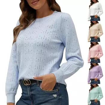 Женский осенне-зимний свитер с ажурным дном и длинными рукавами L синий