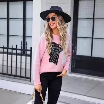 Женский осенне-зимний свитер с цветными блоками и галстуком-бабочкой S белый