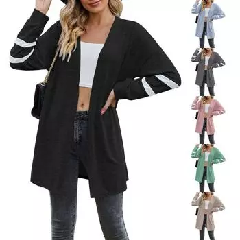 Женский осенне-зимний свитер с длинными рукавами, вязаный кардиган контрастного цвета, куртка L чёрный