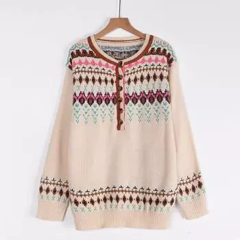 Женский осенне-зимний свитер с длинными рукавами и винтажной жаккардовой отделкой на пуговицах S хаки