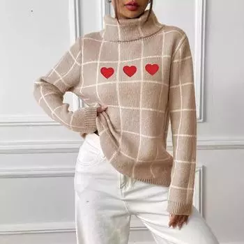 Женский осенне-зимний свитер с контрастной клетчатой водолазкой S серый