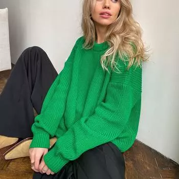 Женский осенне-зимний свитер с круглым вырезом и длинным рукавом, сплошной цвет, свободные вязаные топы, повседневный свитер S зелёный