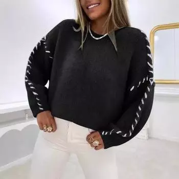 Женский осенне-зимний свитер с круглым вырезом, вязаный повседневный свитер S чёрный