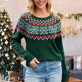 Женский осенне-зимний свитер с круглым вырезом и длинными рукавами из трикотажного жаккарда S зелёный