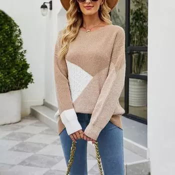 Женский осенне-зимний свитер с круглым вырезом и цветными блоками, свободный, большого размера, пуловер S хаки