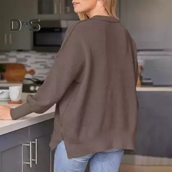 Женский осенне-зимний свитер с круглым вырезом, однотонный, с разрезом подол, толстый, теплый, мягкий, эластичный, свободный пуловер, с длинным рукавом «летучая мышь», женский уютный свитер M серый