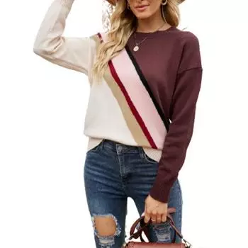 Женский осенне-зимний свитер с круглым вырезом в полоску, сочетающийся с базовой вязкой S кофейный