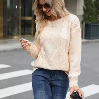 Женский осенне-зимний свитер с круглым вырезом и переплетенными краями, однотонный трикотажный верх, свободный свитер S абрикосовый