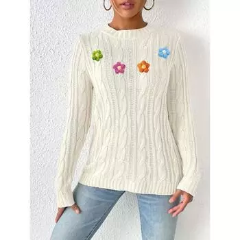 Женский осенне-зимний свитер с круглым вырезом, простой вязаный крючком лоскутный тканый свитер S белый