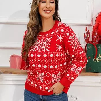 Женский осенне-зимний свитер с круглым вырезом и длинными рукавами из трикотажного жаккарда S красный